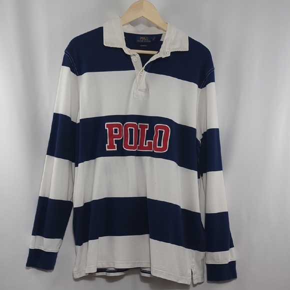Polo Ralph Lauren Striped Rugby Polo Shirt "POLO" Navy Blue White Red XL Preppy - Picture 3 of 16